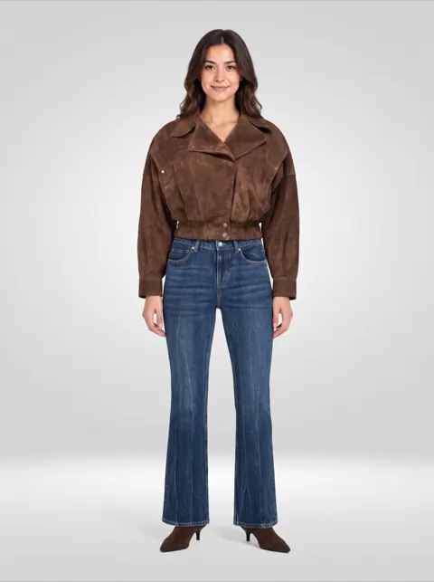 Brown suede jacket, bootcut jeans and suede ankle boots