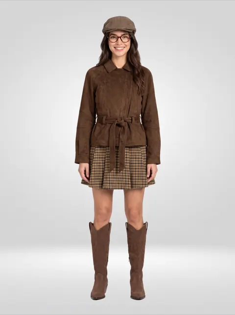 Belted suede jacket, check skirt, cowboy boots, flat cap and glasses