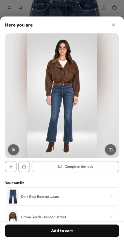 The finished try-on on a phone, with Complete the look and Add to cart