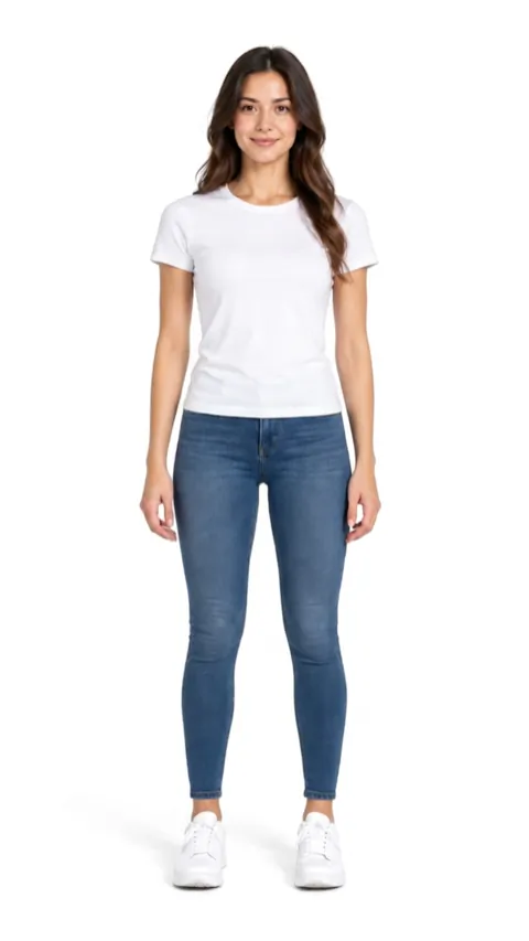The shopper's own photo: a woman in a white T-shirt and jeans