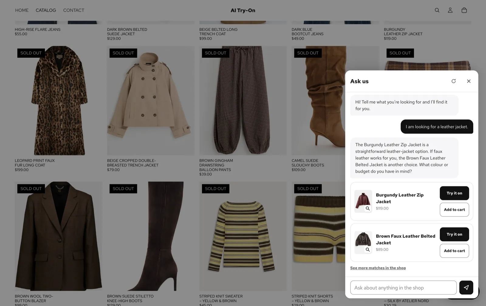 The shopping assistant answering 'I am looking for a leather jacket' with two jackets from the shop, each with Try it on and Add to cart