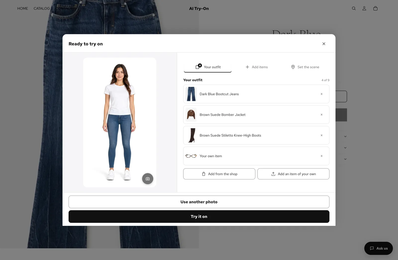 The try-on window on a product page: the shopper's photo next to an outfit of jeans, a suede bomber, knee-high boots and their own glasses